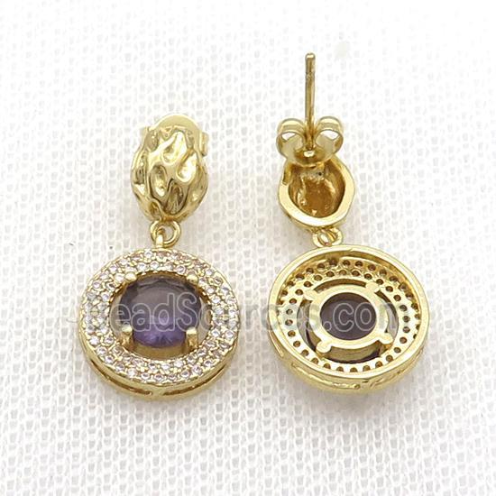 Copper Stud Earring Pave Zircon Purple Crystal Gold Plated