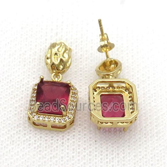 Copper Stud Earring Pave Zircon Red Crystal Rectangle Gold Plated