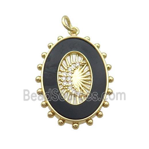 Copper Oval Pendant Pave Zircon Black Agate Moon Gold Plated