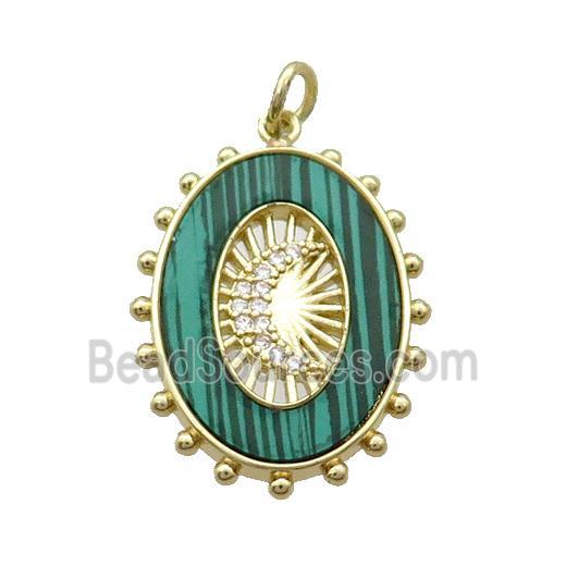 Copper Oval Pendant Pave Zircon Green Malachite Moon Gold Plated