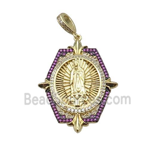 Copper Jesus Pendant Pave Hotpink Zircon Religious Gold Plated