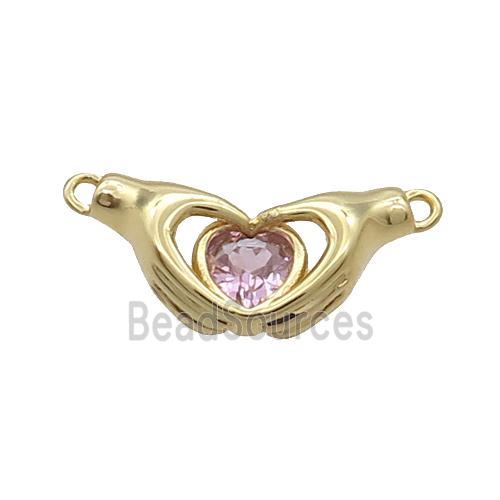 Copper Hand Heart Pendant Pave Pink Crystal 2loops Gold Plated