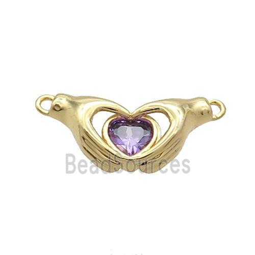 Copper Hand Heart Pendant Pave Purple Crystal 2loops Gold Plated