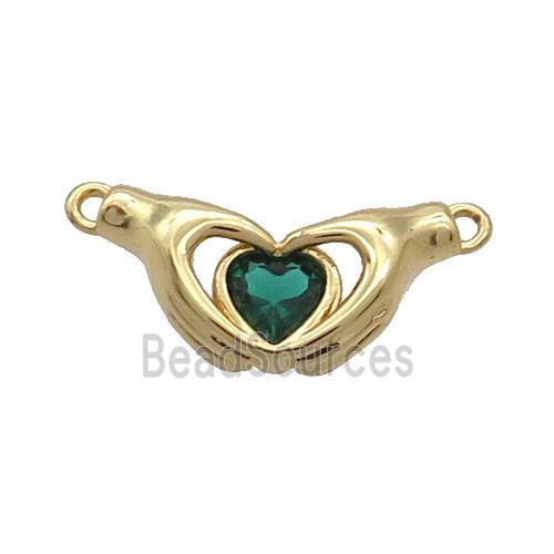 Copper Hand Heart Pendant Pave Green Crystal 2loops Gold Plated