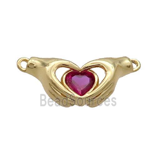 Copper Hand Heart Pendant Pave Red Crystal 2loops Gold Plated