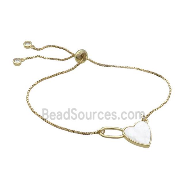 Copper Bracelet White Shell Heart Adjustable Gold Plated