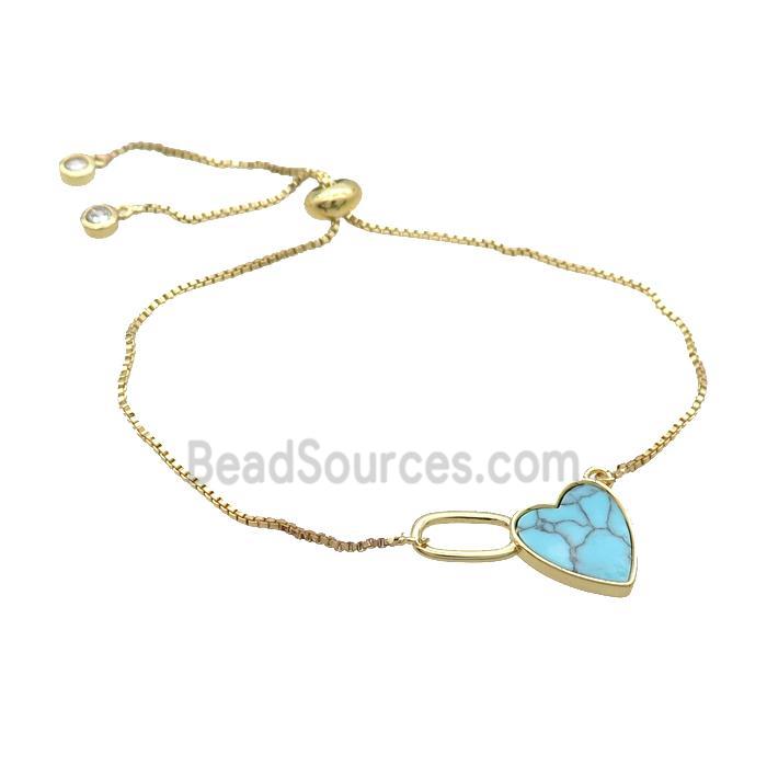 Copper Bracelet Blue Turquoise Heart Adjustable Gold Plated