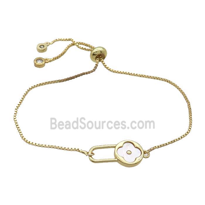 Copper Bracelet White Shell Clover Adjustable Gold Plated