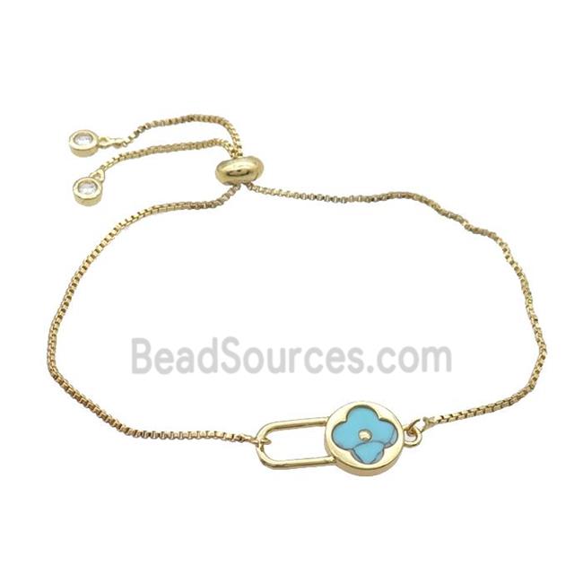 Copper Bracelet Blue Turquoise Clover Adjustable Gold Plated