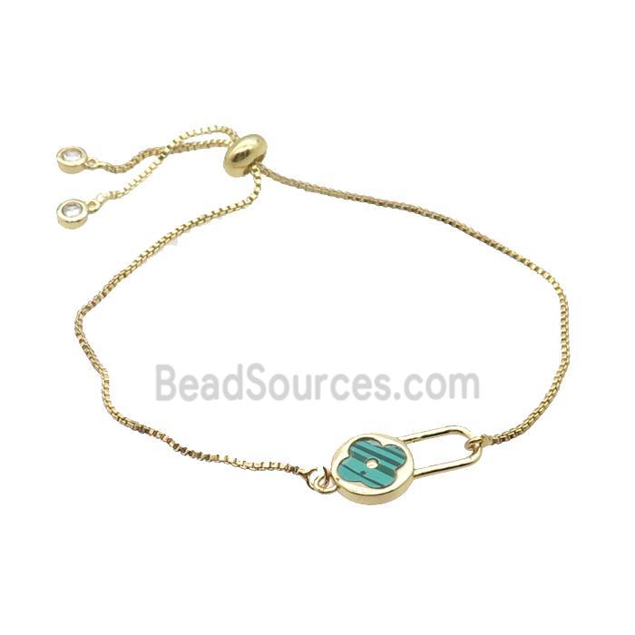 Copper Bracelet Green Malachite Clover Adjustable Gold Plated