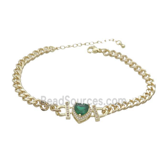 Copper Bracelet Pave Green Crystal Heart Gold Plated