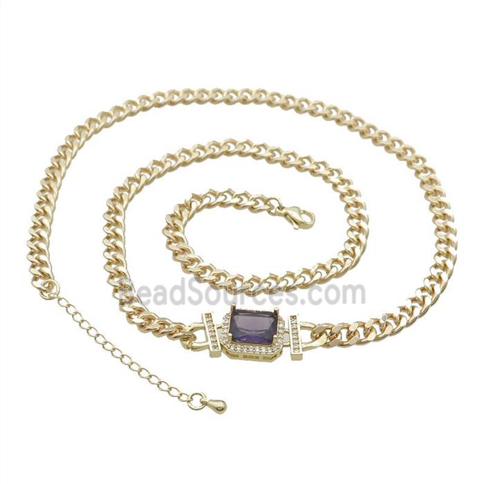 Copper Necklace Pave Purple Crystal Rectangle Gold Plated