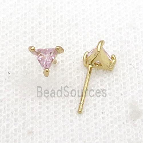 Copper Stud Earring Pave Zircon Pink Crystal Triangle Gold Plated