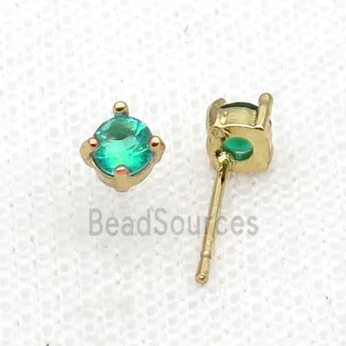 Copper Stud Earring Pave Zircon Green Crystal Gold Plated