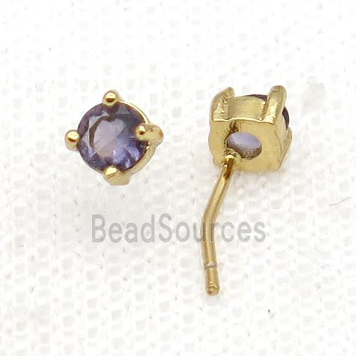 Copper Stud Earring Pave Zircon Purple Crystal Gold Plated