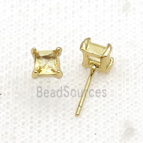 Copper Stud Earring Pave Zircon Yellow Crystal Square Gold Plated