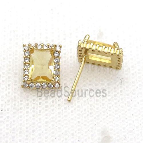 Copper Stud Earring Pave Zircon Yellow Crystal Rectangle Gold Plated