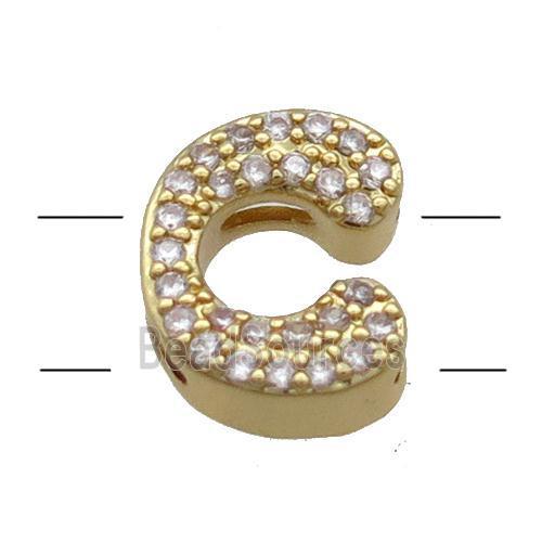 Copper Alphabet Beads Pave Zircon Letter-C 2holes Gold Plated