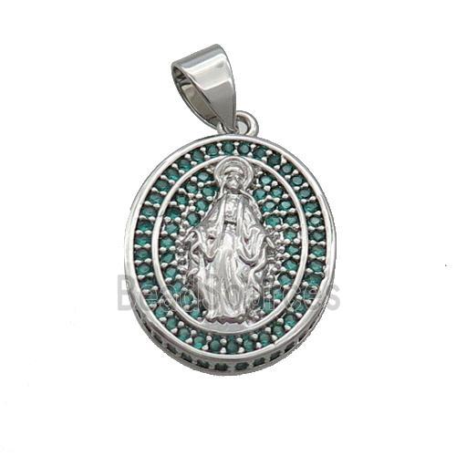 Copper Jesus Pendant Pave Green Zircon Oval Platinum Plated