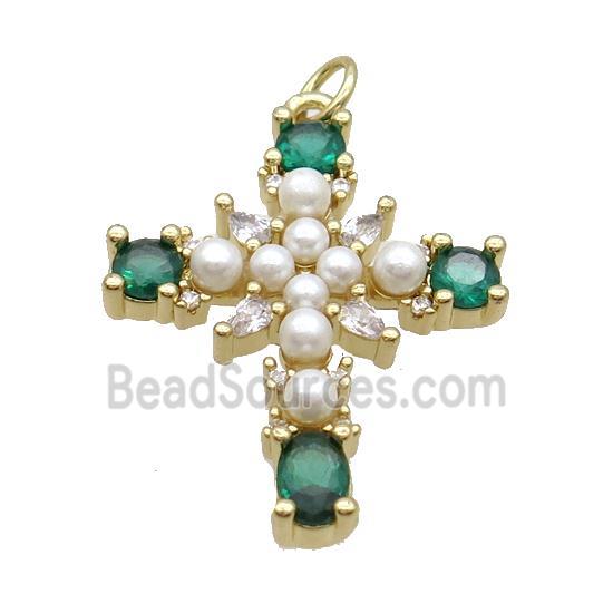 Copper Cross Pendant Pave Pearlized Glass Gold Plated