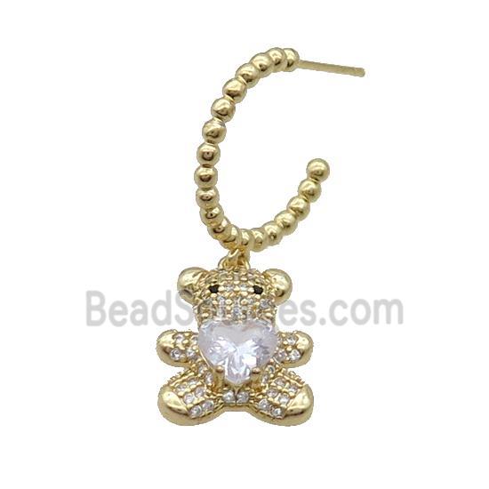 Copper Stud Earring With Bear Pave Zircon Gold Plated