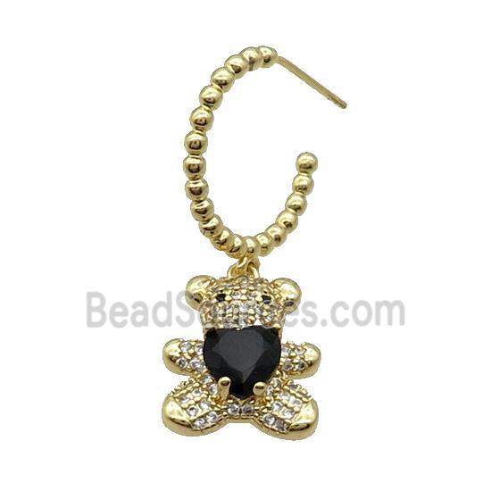 Copper Stud Earring With Bear Pave Zircon Black Gold Plated