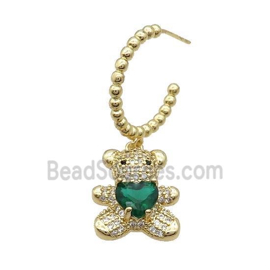 Copper Stud Earring With Bear Pave Zircon Green Gold Plated