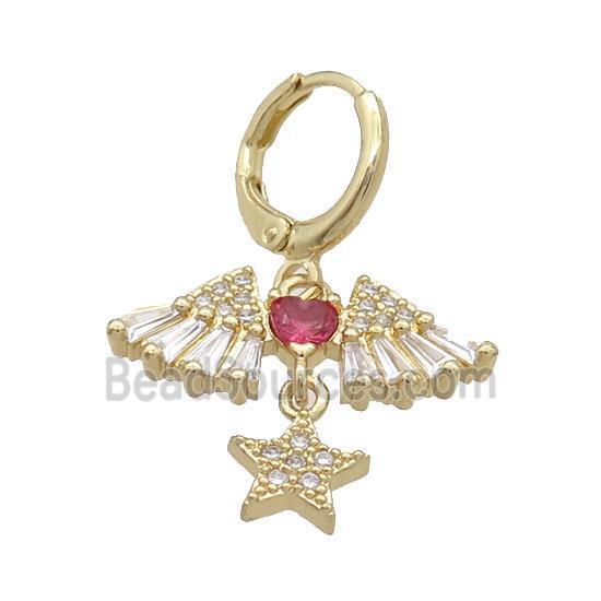 Copper Hoop Earring Pave Zircon Angel Wing Star Gold Plated