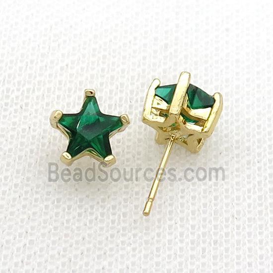 Copper Stud Earring Pave Green Crystal Star Gold Plated