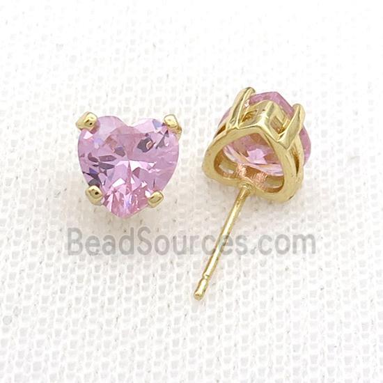 Copper Stud Earring Pave Pink Crystal Heart Gold Plated