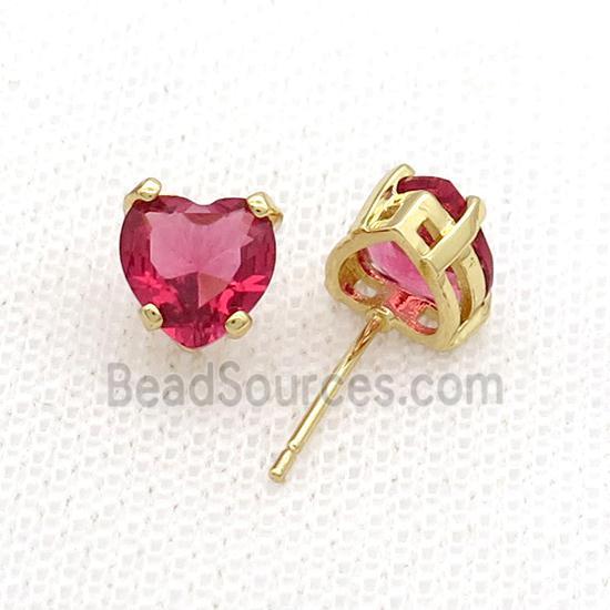 Copper Stud Earring Pave Red Crystal Heart Gold Plated