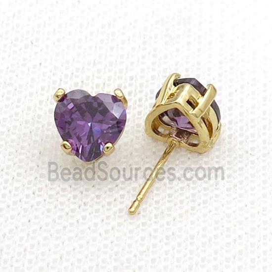 Copper Stud Earring Pave Purple Crystal Heart Gold Plated