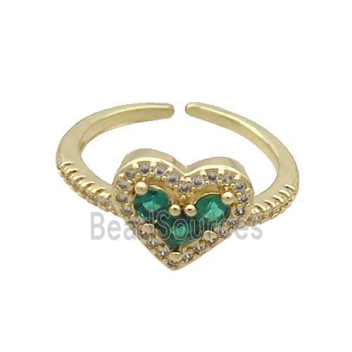 Copper Ring Pave Green Zircon Heart Gold Plated