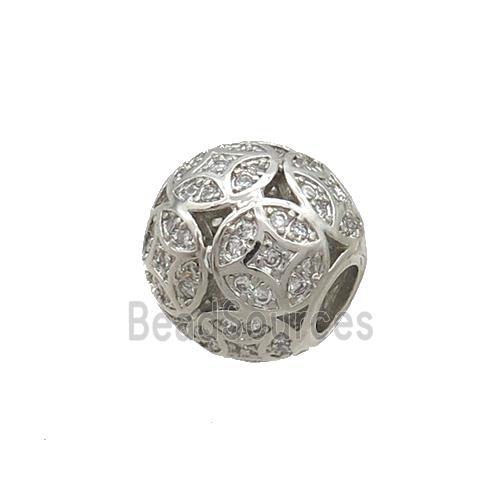 Copper Round Beads Pave Zircon Large Hole Platinum Plated