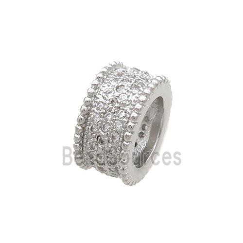 Copper Tube Beads Pave Zircon Large Hole Platinum Plated