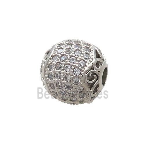 Copper Round Beads Pave Zircon Platinum Plated