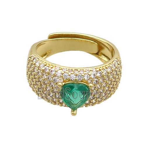 Copper Ring Pave Zircon Green Crystal Glass Heart Adjustable Gold Plated