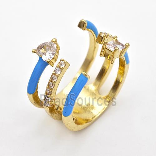 Copper Ring Pave Zircon Blue Enamel Gold Plated