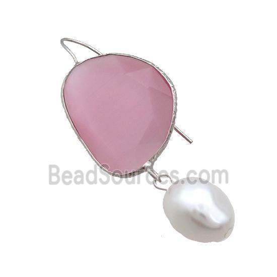 Copper Hook Earring With Pearlized Shell Pink Cat Eye Glass Platinum Plated