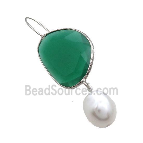 Copper Hook Earring With Pearlized Shell Green Cat Eye Glass Platinum Plated