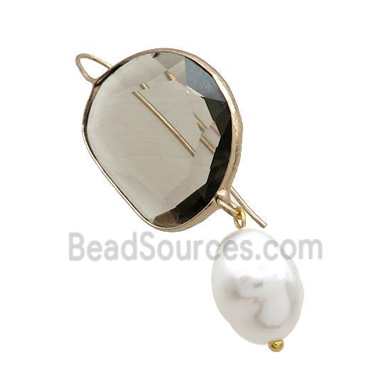 Copper Hook Earring With Pearlized Shell Smoky Cat Eye Glass Gold Plated