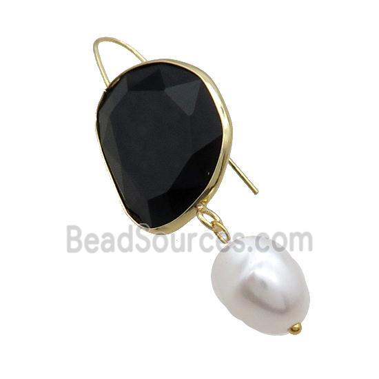 Copper Hook Earring With Pearlized Shell Black Cat Eye Glass Gold Plated