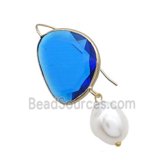 Copper Hook Earring With Pearlized Shell Blue Cat Eye Glass Gold Plated