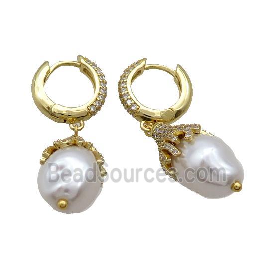 Copper Hoop Earring Pave Zircon Pearlized Shell Gold Plated