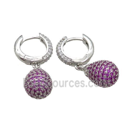 Coppear Hoop Earring Pave Hotpink Zircon Teardrop Platinum Plated