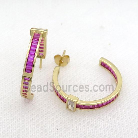 Copper Stud Earring Pave Hotpink Zircon Gold Plated