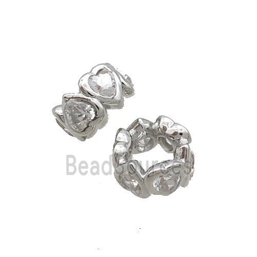 Copper Rondelle Beads Pave Zircone Heart Platinum Plated