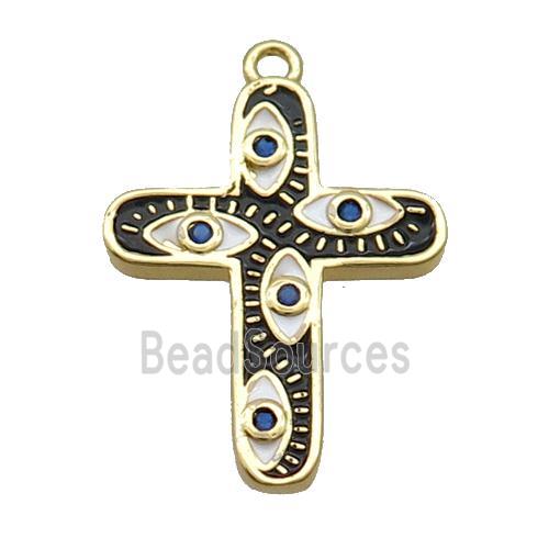 Copper Cross Pendant Pave Zircon Black Enamel Eye Gold Plated