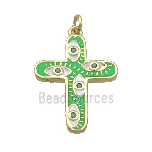 Copper Cross Pendant Pave Zircon Green Enamel Eye Gold Plated