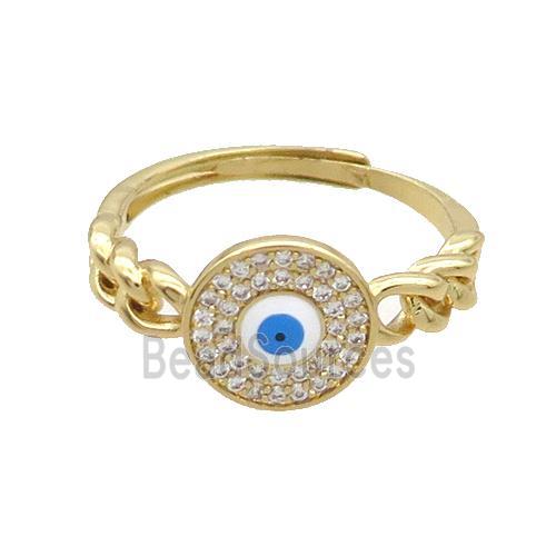 Copper Ring Pave Zircon White Enamel Evil Eye Adjustable Gold Plated